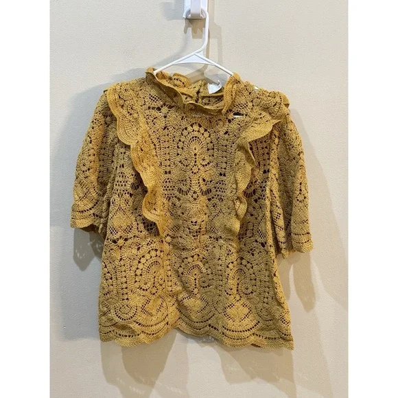 SEZANE Blouse Pauletta Mustard Size 44 Crochet Vintage Inspired US 16 - Picture 2 of 9